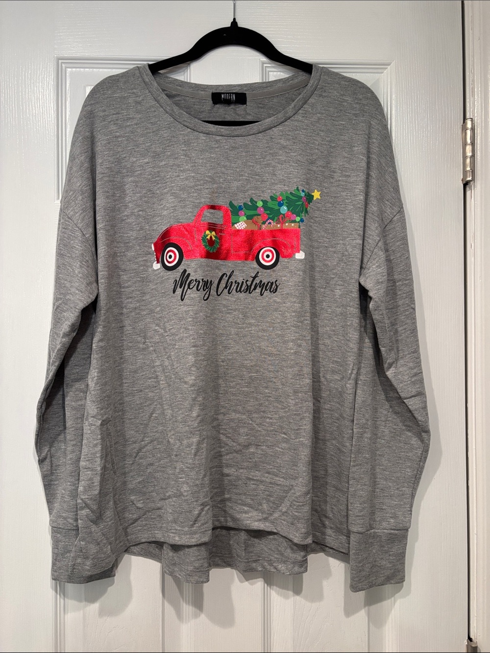 Merry Christmas Gray Long-Sleeve Crewneck with Red Truck Graphic